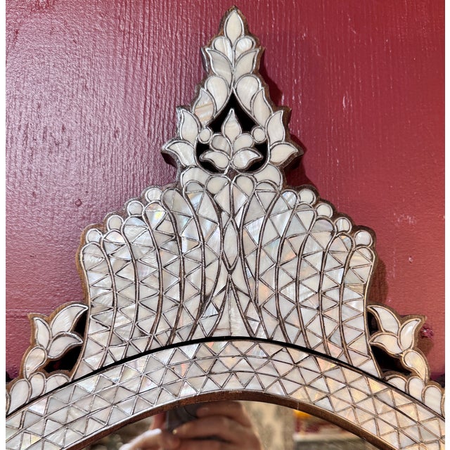 1990s Oval Shaped White Mother of Pearl Inlaid Mirror For Sale - Image 4 of 6