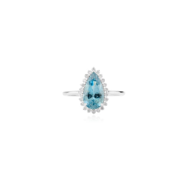 Victorian 14k White Gold Aquamarine & Diamond Engagement Ring Size 6 For Sale - Image 3 of 12