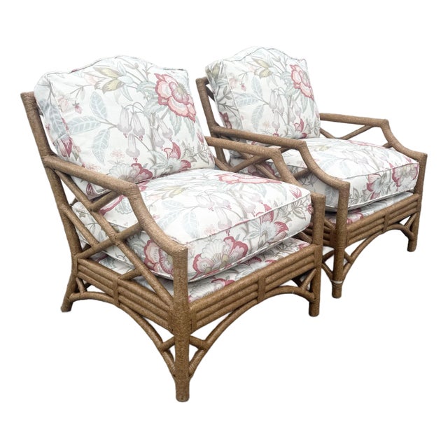 Boho Chic Rattan Chippendale Style Lounge Chairs by David Francis - A Pair For Sale