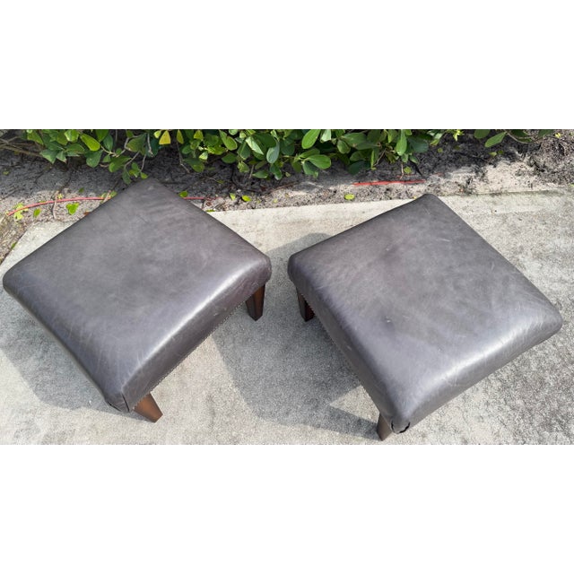 King Hickory Gray Leather Nailhead Ottomans, a Pair For Sale - Image 9 of 12