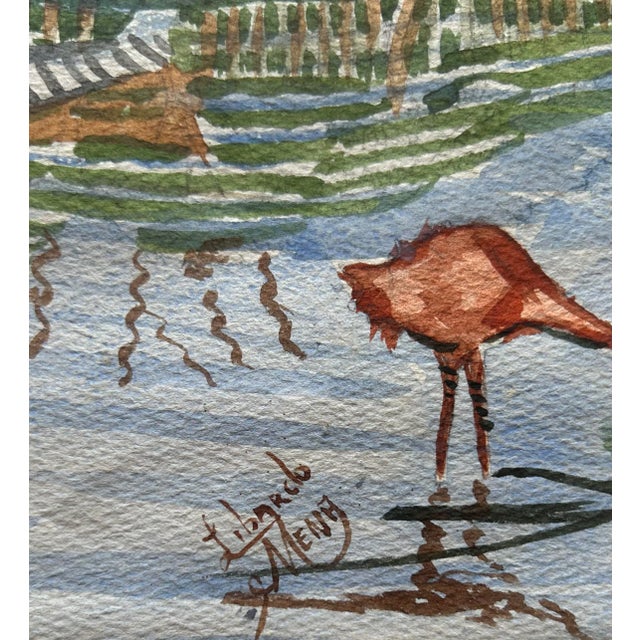 Antique Framed Watercolor Coastal Landscape With Pink Flamingos For Sale In Philadelphia - Image 6 of 8