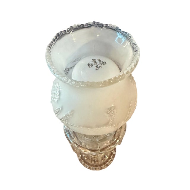 1950s Vintage 1950s Hollywood Regency Boudoir Lamp Pair With Frosted Embossed Glass Shades & Prism Accents For Sale - Image 5 of 12