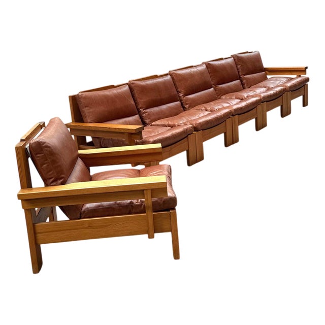 Modular Sectional Sofa in Pine and Leather, 1970s, Set of 6 For Sale