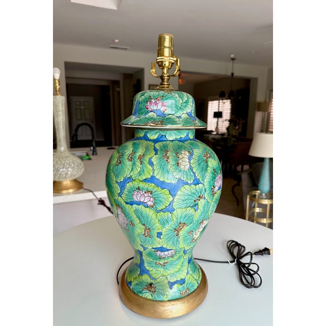 Chinese Single Chinese Green Lotus Flower Porcelain Table Lamp For Sale - Image 3 of 18
