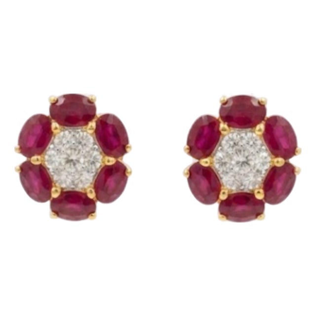 Natural Ruby 3.30cts & Diamond 0.40cts Earring in 18k Yellow Gold For Sale
