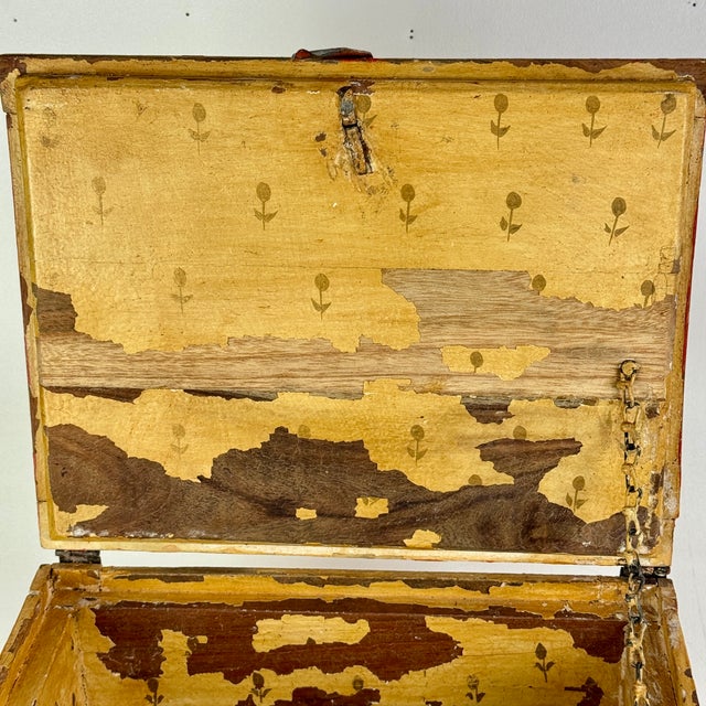 Antique Primitive Folk Art Distressed Keepsake Box in Circus Like Color Motif & Floral Painting For Sale - Image 12 of 13