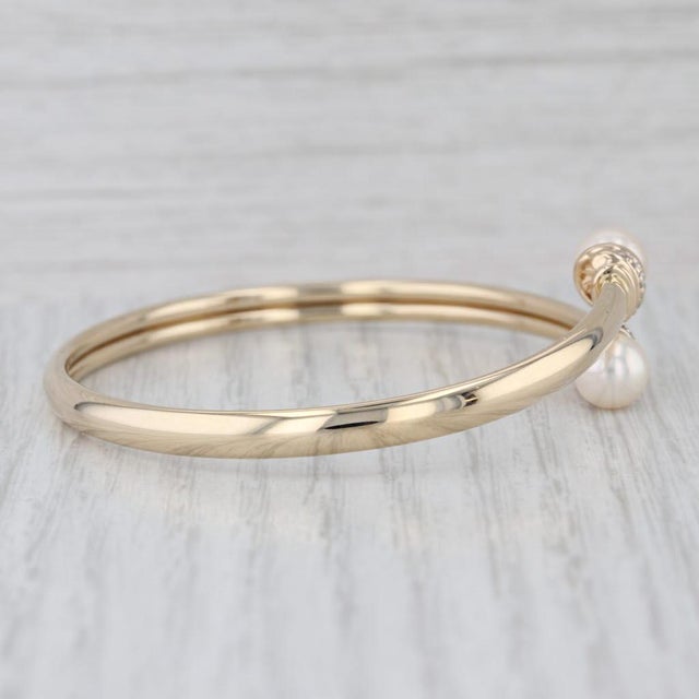 2010s Cultured Pearl Diamond Bypass Bangle Bracelet 14k Yellow Gold 6.5" For Sale - Image 5 of 8