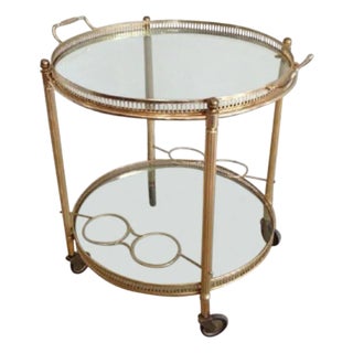 Mid Century Brass Round Rolling Serving Table With Removable Gallery Tray Top and 4 Bottle Holders For Sale