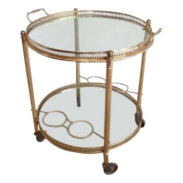 Mid Century Brass Round Rolling Serving Table With Removable Gallery Tray Top and 4 Bottle Holders For Sale