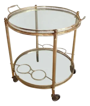 Mid Century Brass Round Rolling Serving Table With Removable Gallery Tray Top and 4 Bottle Holders