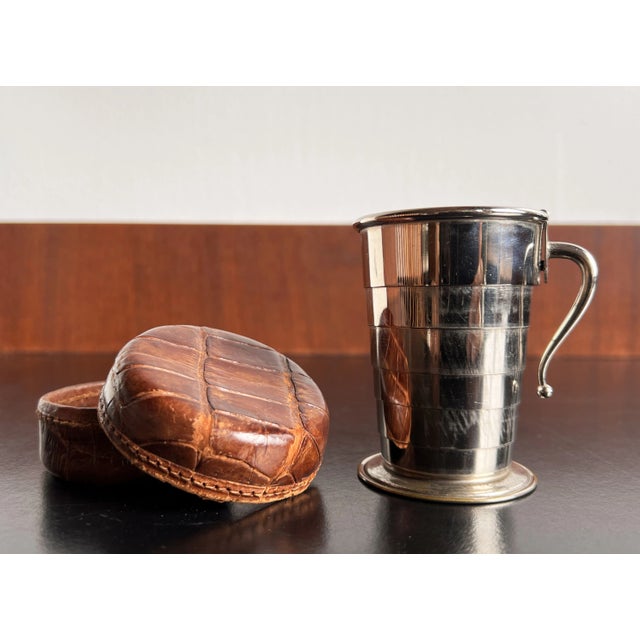 Fabulous c.1900's/1910's silver plated collapsible cup / shot glass by Wm. Rogers. in it's original alligator leather...