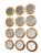 Set of 12 Italian gilt finish round wood mirrors. Each mirror is 11" diameter x 1.25" deep. Hanger on back for hanging....