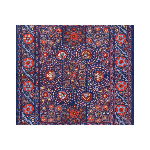Textile Silk Suzani Wall Decor - Blue Uzbek Embroidery Bedspread For Sale - Image 7 of 11