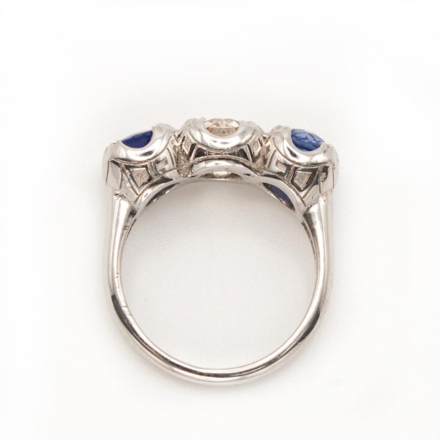 1980s Gorgeous Platinum Diamond Sapphire 3 Stone Ring, Size 7.5 For Sale In New York - Image 6 of 11