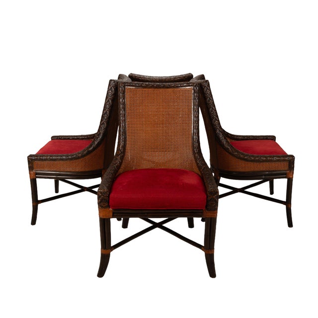 2000 - 2009 Set of 4 Artistica Rattan & Bamboo Dining Chairs With Double Caned Back & Red Upholstered Seats For Sale - Image 5 of 17