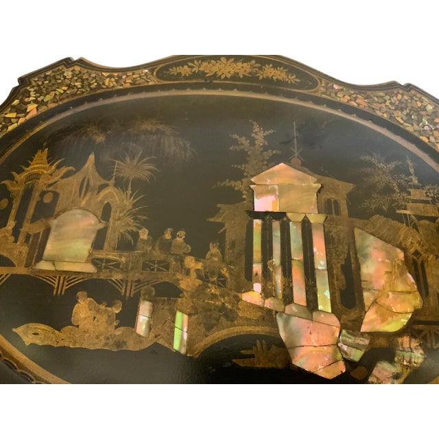 Antique Burgauté Black Lacquer & Mother-of-Pearl Sewing Table Circa 1850–1880 For Sale - Image 4 of 11