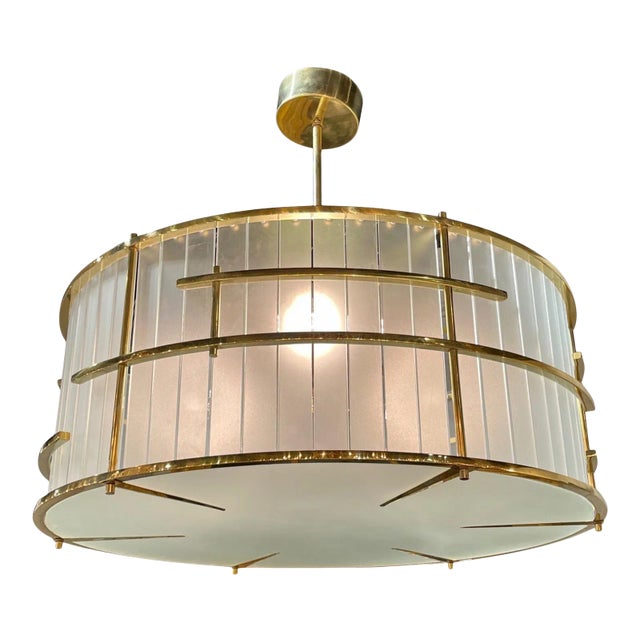 Modern Frosted Murano Glass and Brass Chandelier For Sale
