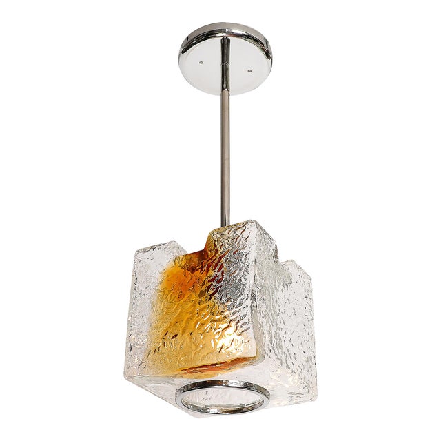 Mid-Century Hand-Blown Amber Murano Glass W/ Chrome Pendant Chandelier For Sale