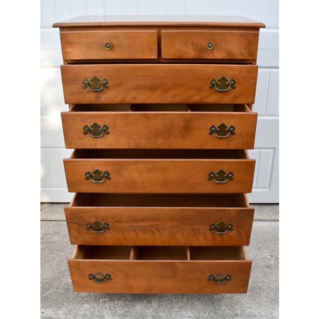 Vintage Ethan Allen Heirloom Nutmeg Maple 7 Drawer Chest on Chest Tall Dresser For Sale - Image 15 of 17