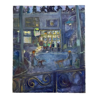 Vintage Expressionism European Cityscape Still Life Oil Painting on Canvas, Blue, Lavender, Lime Green For Sale