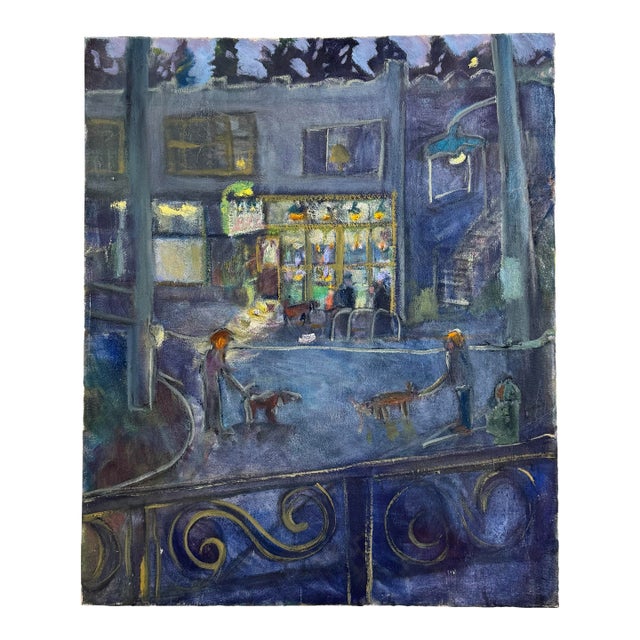 Vintage Expressionism European Cityscape Still Life Oil Painting on Canvas, Blue, Lavender, Lime Green For Sale