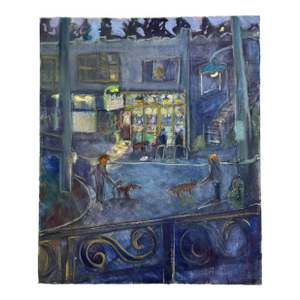Vintage Expressionism European Cityscape Still Life Oil Painting on Canvas, Blue, Lavender, Lime Green