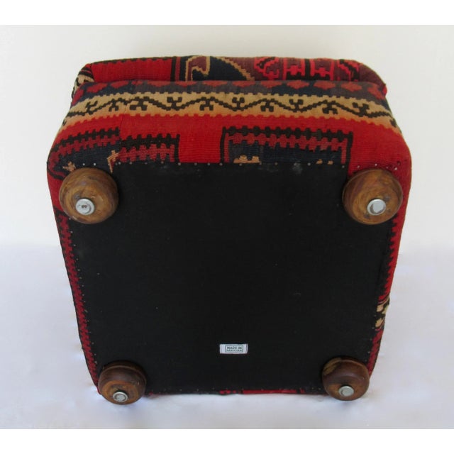 Vintage Turkish Kilim Footed Ottoman With Round Wood Turned Feet Made in Pakistan For Sale - Image 12 of 13