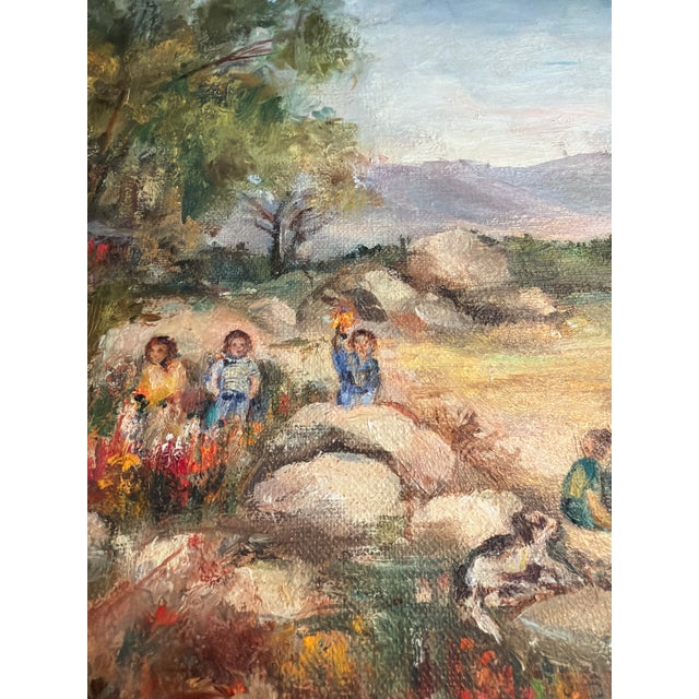 Wood 1960s Original Signed Rural Landscape Painting With Barn and Horse and Children & Dog in Black Wood Frame For Sale - Image 7 of 16