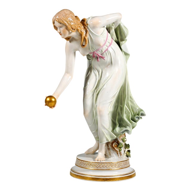 Art Nouveau Young Lady Ball Player Figurine attributed to Walter Schott for Meissen, 1900s For Sale