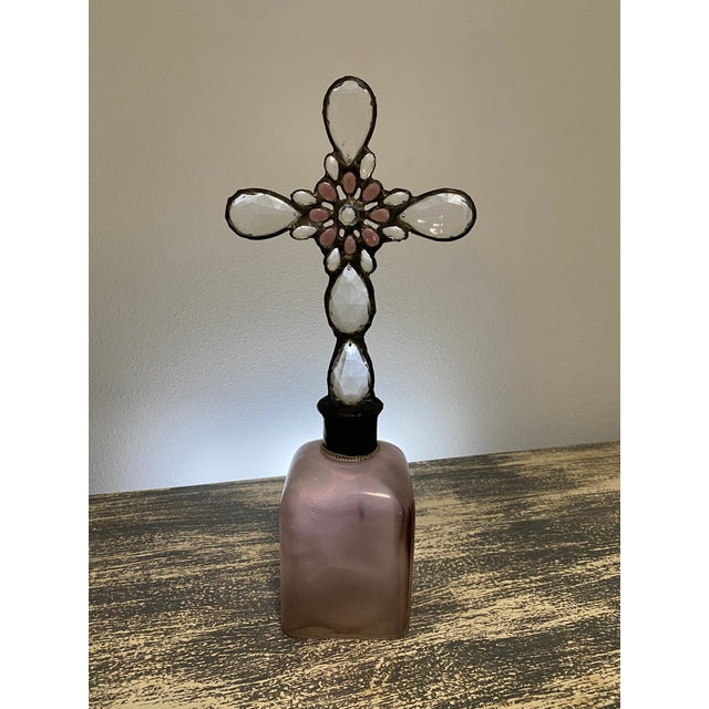 Gothic Handmade Crystal Cross Assemblage Sculpture on Pink Glass Bottle For Sale - Image 3 of 7