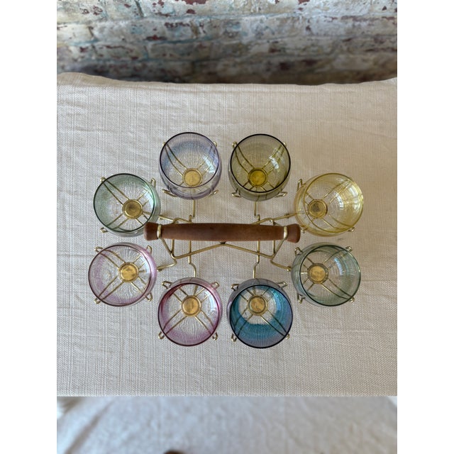 Iridescent Roly Poly Glasses With Gold Caddy – Set of 8 For Sale In New York - Image 6 of 8