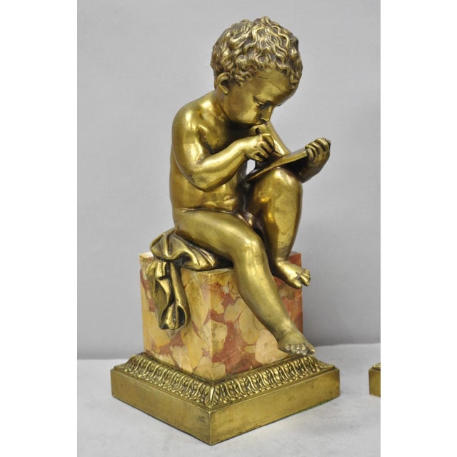 French Antique French Louis XV Bronze Putti Children "Arts & Literature" Figures - Pair For Sale - Image 3 of 18