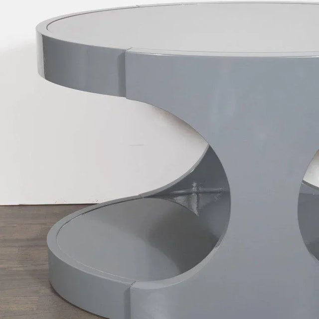 Early 20th Century Graphic Modernist Gray Lacquered Two-Tiered Oval Side Tables - a Pair For Sale - Image 5 of 6