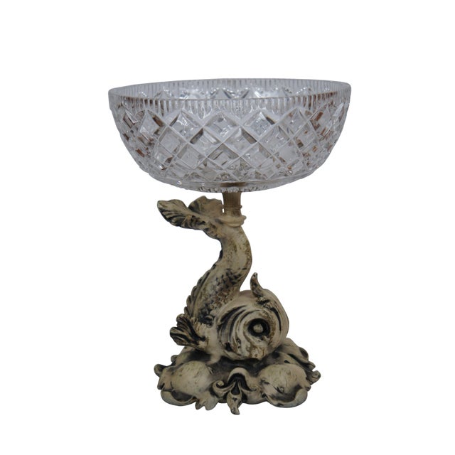 Traditional Mid Century Cut Crystal & Metal Delphin Dolphin Centerpiece Compote Bowls- Set of 2 For Sale - Image 3 of 12