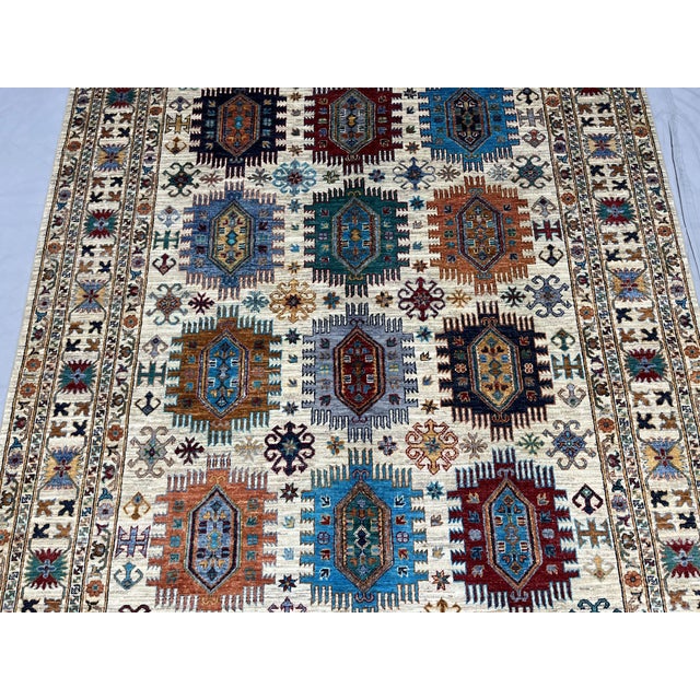 Textile Ivory & Blue Sultani Natural Dye Wool Rug, Tribal Geometric Medallion Design, 6′10″ × 9′10″ For Sale - Image 7 of 14