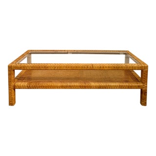 Mid-Century Two-Tier Woven Rattan & Cane Coffee Table With Glass Top For Sale