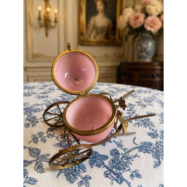French Antique French Pink Opaline Egg Casket in Ornate Brass Carriage For Sale - Image 3 of 4