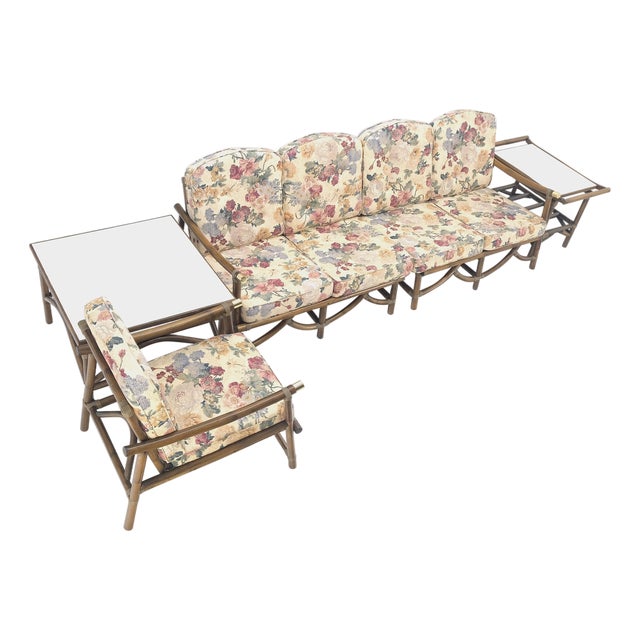 Vogue Rattan Bamboo c1970s Sofa Matching Chair Pair of End Tables 5 Pcs Set Mint For Sale