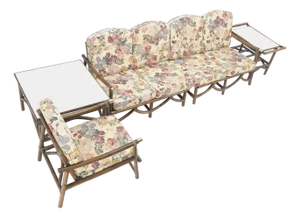 Vogue Rattan Bamboo c1970s Sofa Matching Chair Pair of End Tables 5 Pcs Set Mint
