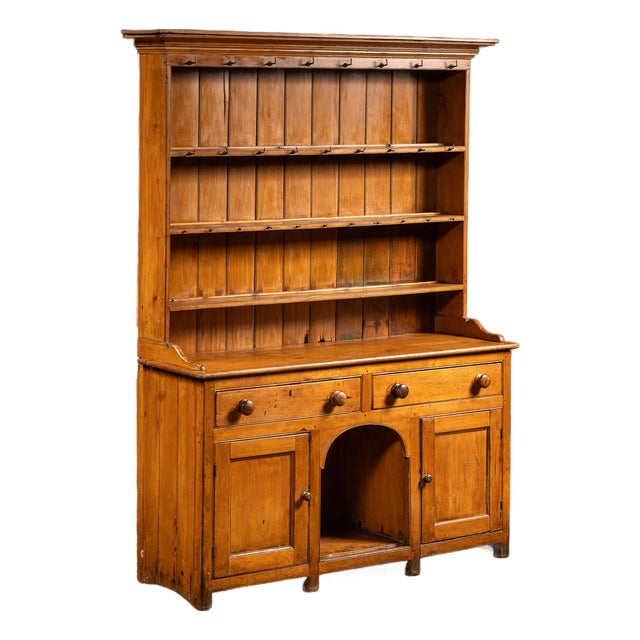 Antique Pine Step-Back Cupboard With Plate Rack For Sale