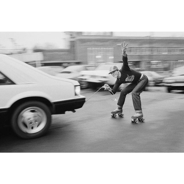 Leo Bull Roller skater Leo Bull speed skating with the help of a cable attached to a car, UK, 11th December 1980. (Photo...