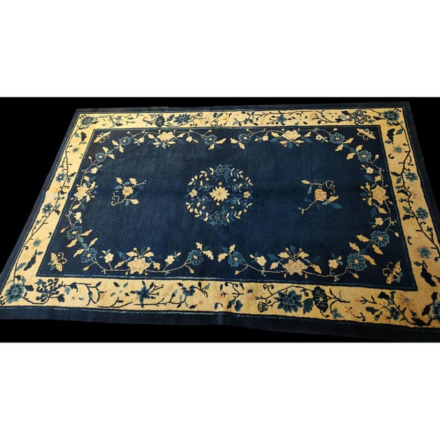 1930s Floral Inlay Antique Open Field Medallion Small Navy Chinese Peking Rug For Sale In New York - Image 6 of 9