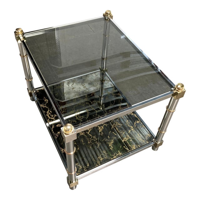 1980s Mid-Century Modern Chrome & Brass Tiered Glass End Table For Sale