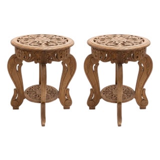 Victorian Style Fretwork Carved 18" Round Solid Wood End Tables - Set of 2 For Sale