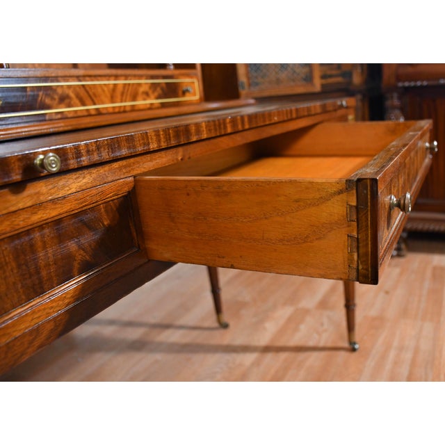 1930s Wieman Hepplewhite Style Leather Top Mahogany Inlaid Writing Desk With Bookcase For Sale - Image 13 of 18