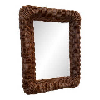 Vintage 1970s Boho Woven Rattan Mirror Vintage 1970s Woven Rattan Wall Mirror – For Sale