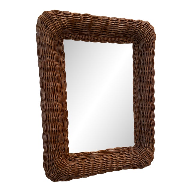 Vintage 1970s Boho Woven Rattan Mirror Vintage 1970s Woven Rattan Wall Mirror – For Sale