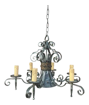 Mid 20th Century Gothic Medieval Revival 6 Arm Black Wrought Iron Chandelier