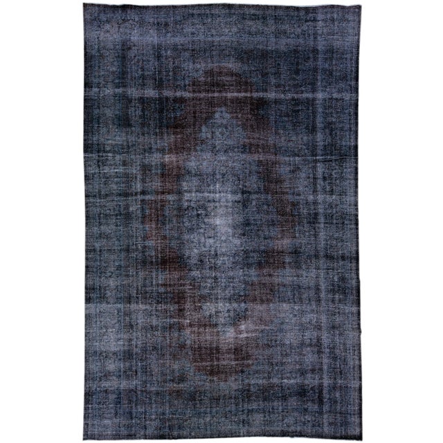 Textile Mid 20th Century Dark Blue Vintage Handmade Overdyed Turkish Wool Rug With Medallion Motif For Sale - Image 7 of 7