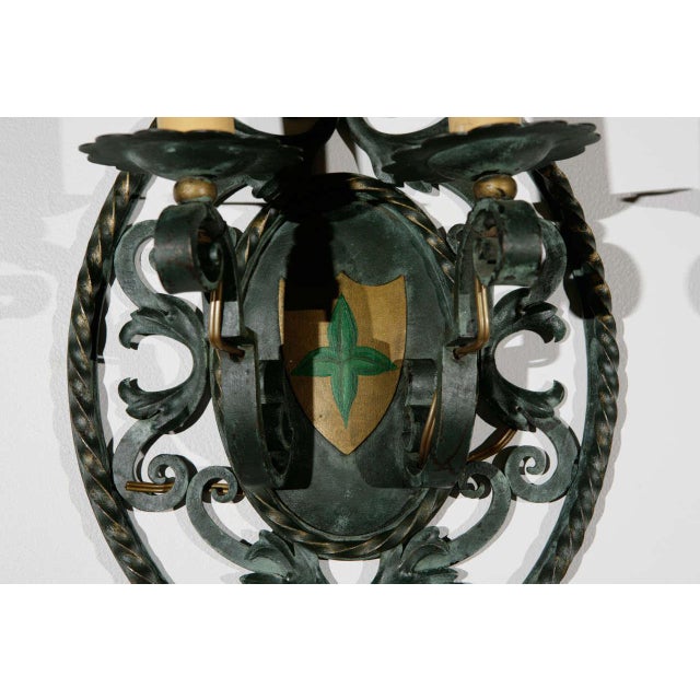 French Filigreed Green With Gold & Red Emblem Sconces - a Pair For Sale In Los Angeles - Image 6 of 11
